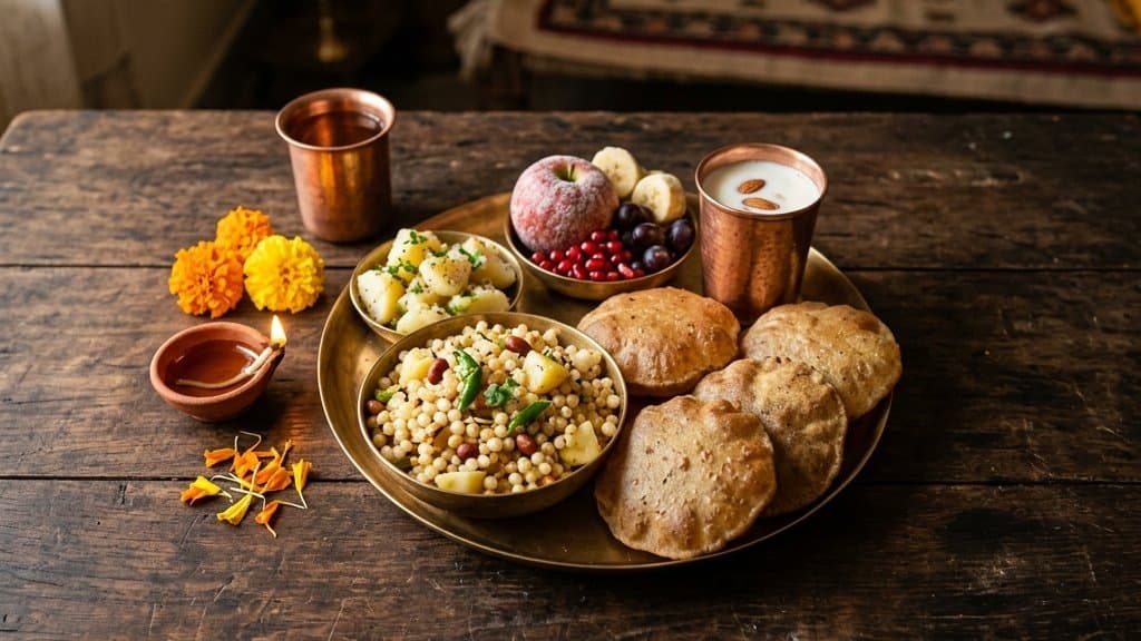A thali of Sawan vrat phalahar food — sabudana khichdi, kuttu puri, fruit and milk with sendha namak