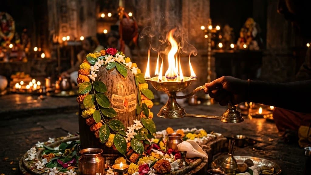 A lit brass aarti lamp being circled before a garlanded Shivling in the glow of evening