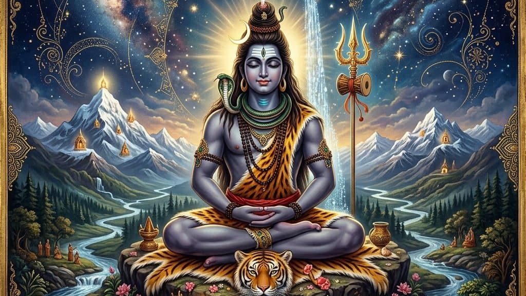 An open devotional book before a Shivling with an oil lamp and bilva leaves, in soft morning light