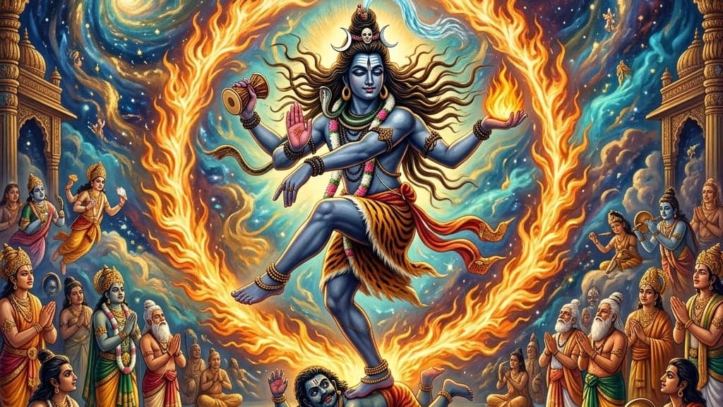 A bronze Nataraja Shiva in the cosmic dance pose against a dark, lamp-lit shrine