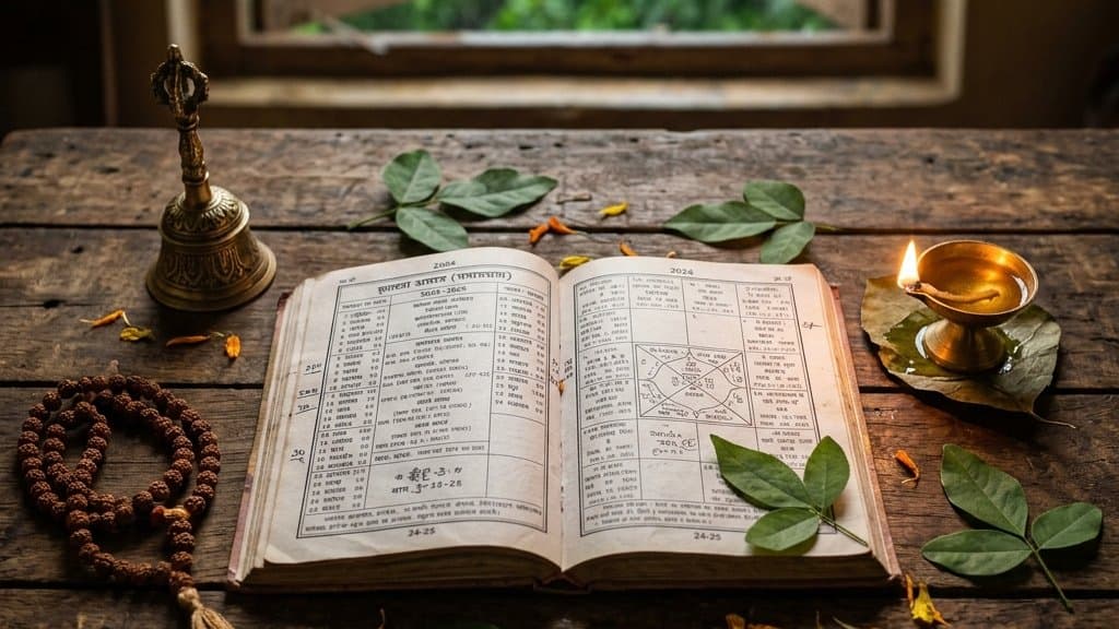 A traditional Hindu almanac open beside a brass bell, rudraksha and bilva leaves in warm monsoon light
