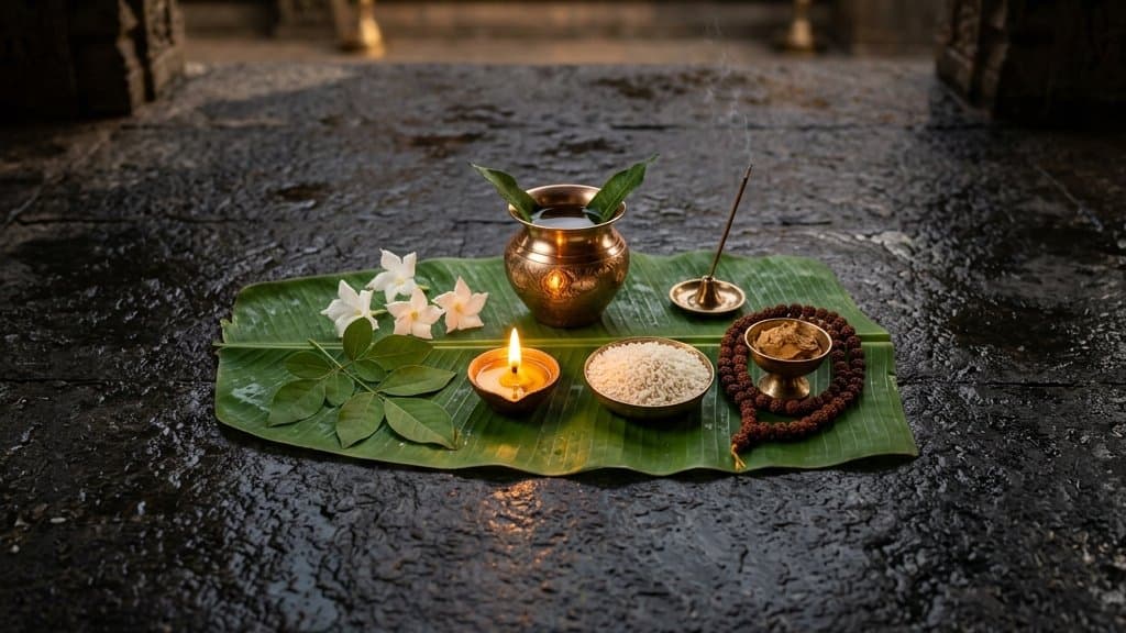 Devotee performing jalabhishek on a Shivling with bilva leaves, a lamp and a water pot on a Sawan Monday