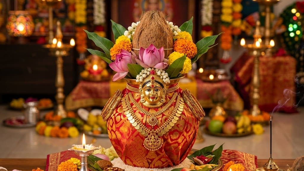 A decorated Varalakshmi kalash with a coconut, mango leaves, flowers and a lamp, set for the vratam puja