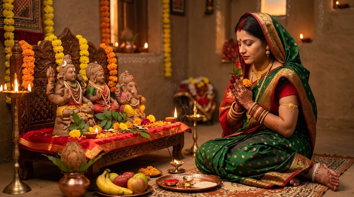 A woman in solah shringar worshipping sand idols of Shiva and Parvati by lamplight on Hartalika Teej