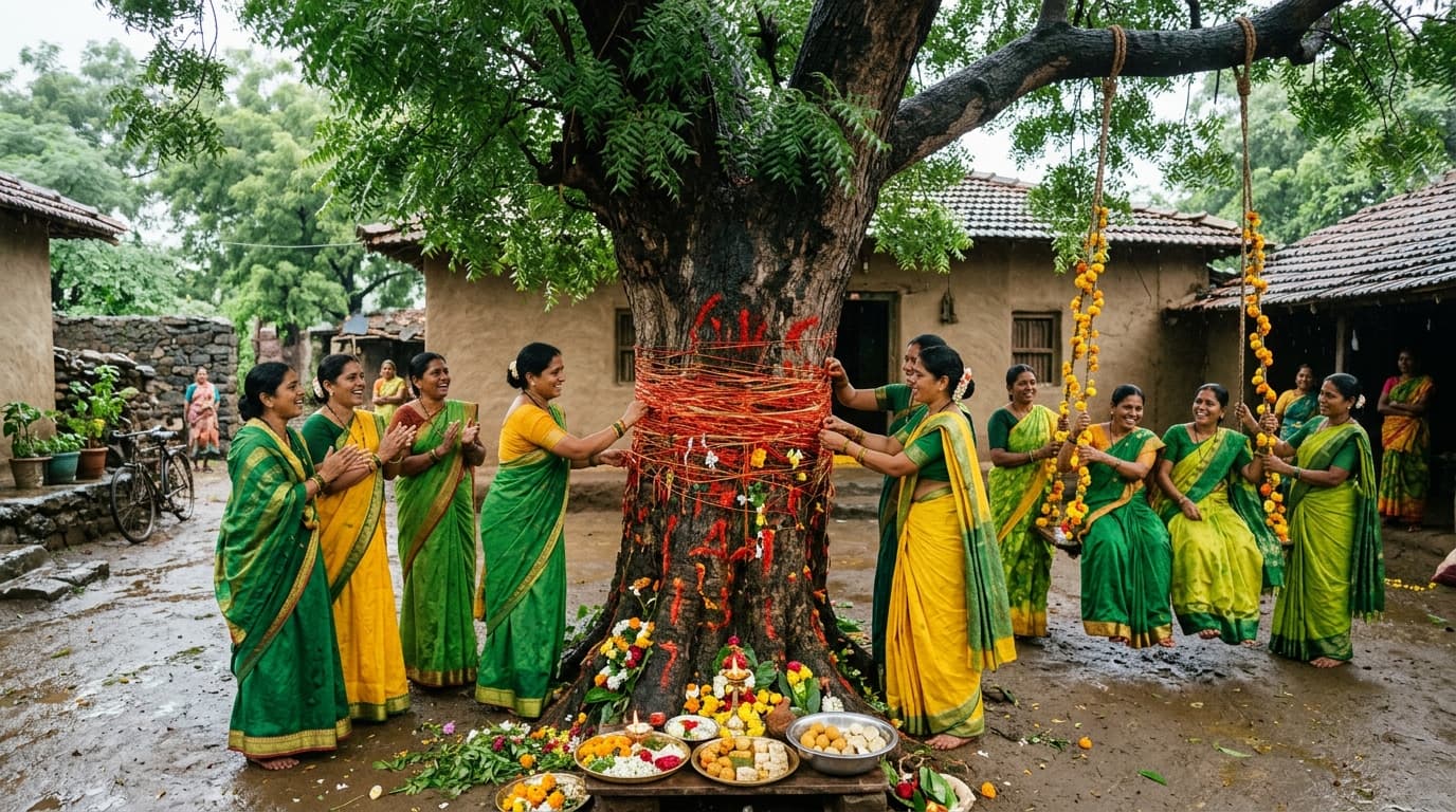 Women singing kajari folk songs around a Neem tree decorated with offerings on Kajari Teej