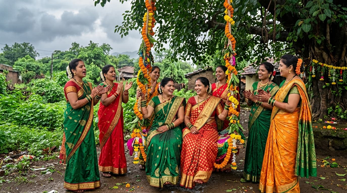 Women in festive shringar worshipping Shiva and Parvati during the Teej season