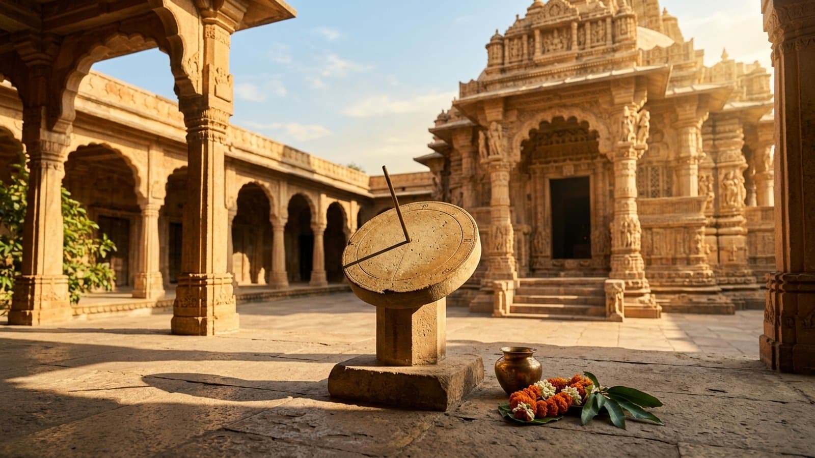 A stone sundial casting its early-afternoon shadow in a carved sandstone temple courtyard, the time of day of the Vijay Muhurat