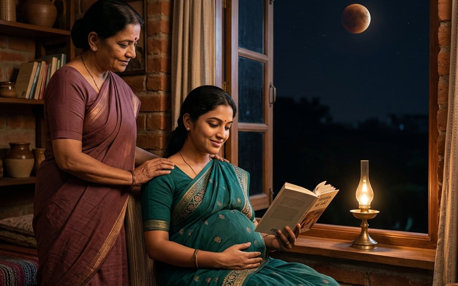 A pregnant woman resting calmly indoors during an eclipse, an elder beside her