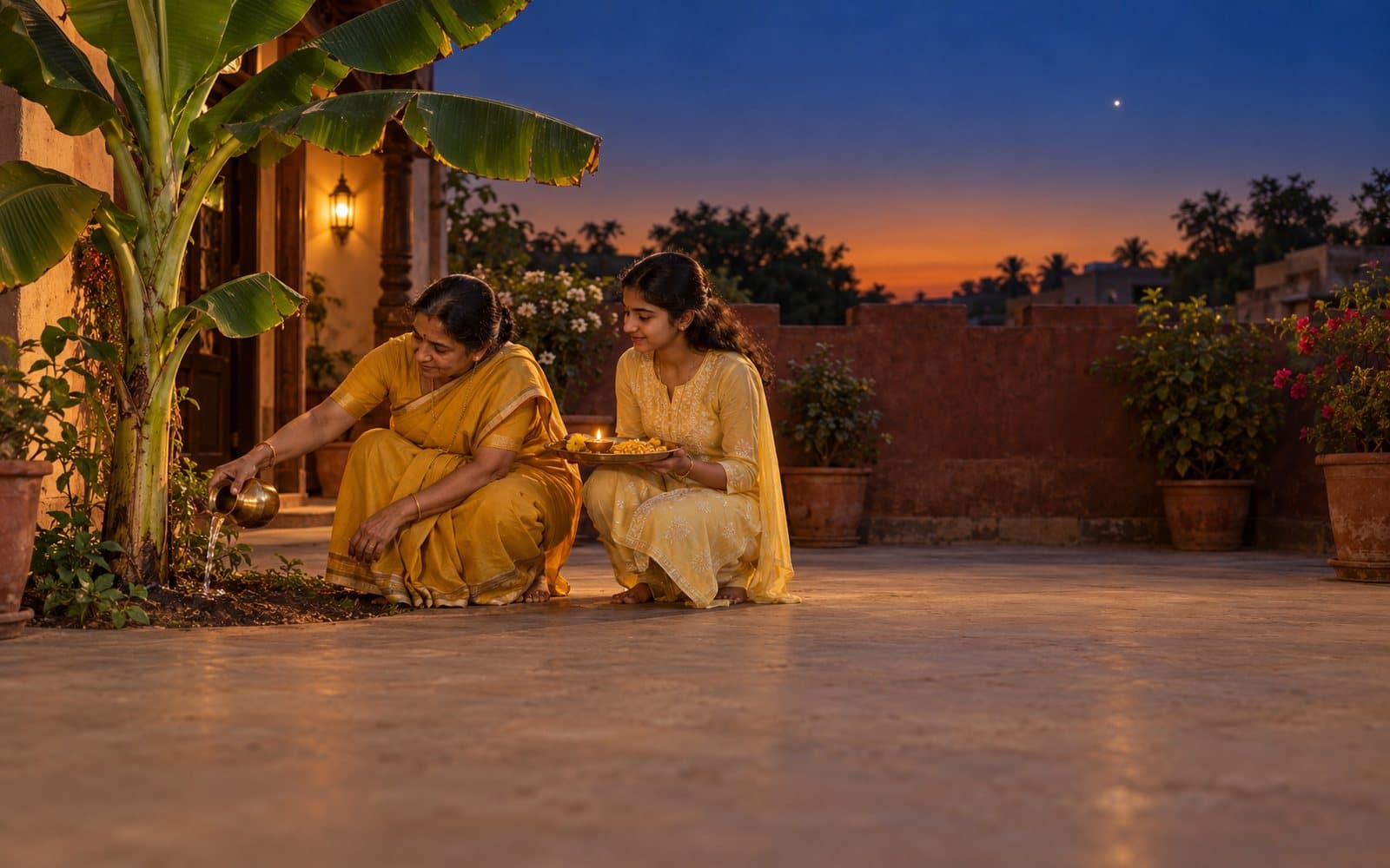 A grandmother and granddaughter offer water to a banana plant on a Thursday evening