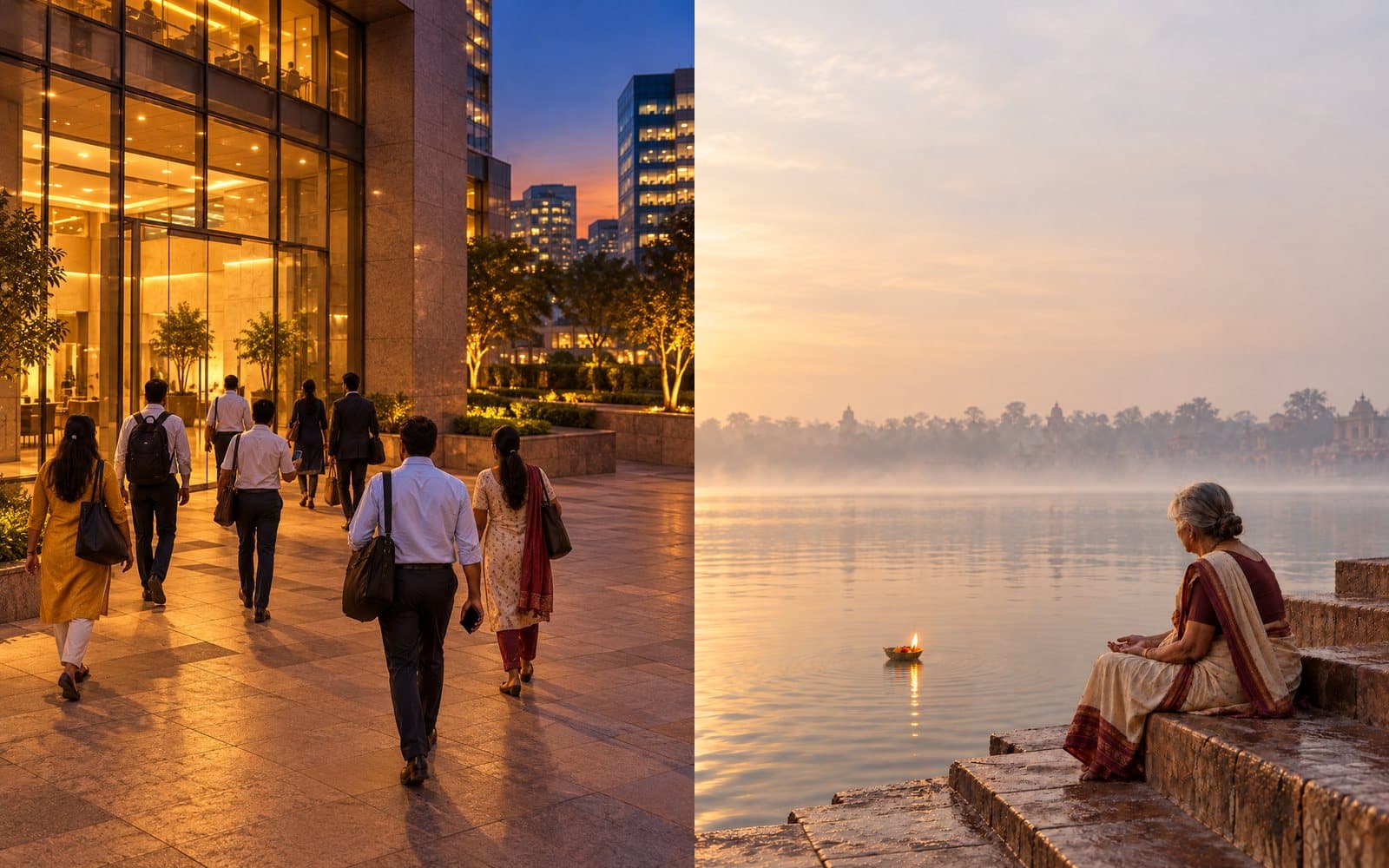 A busy city evening beside a quiet river at dawn: the pull of Rahu and the release of Ketu