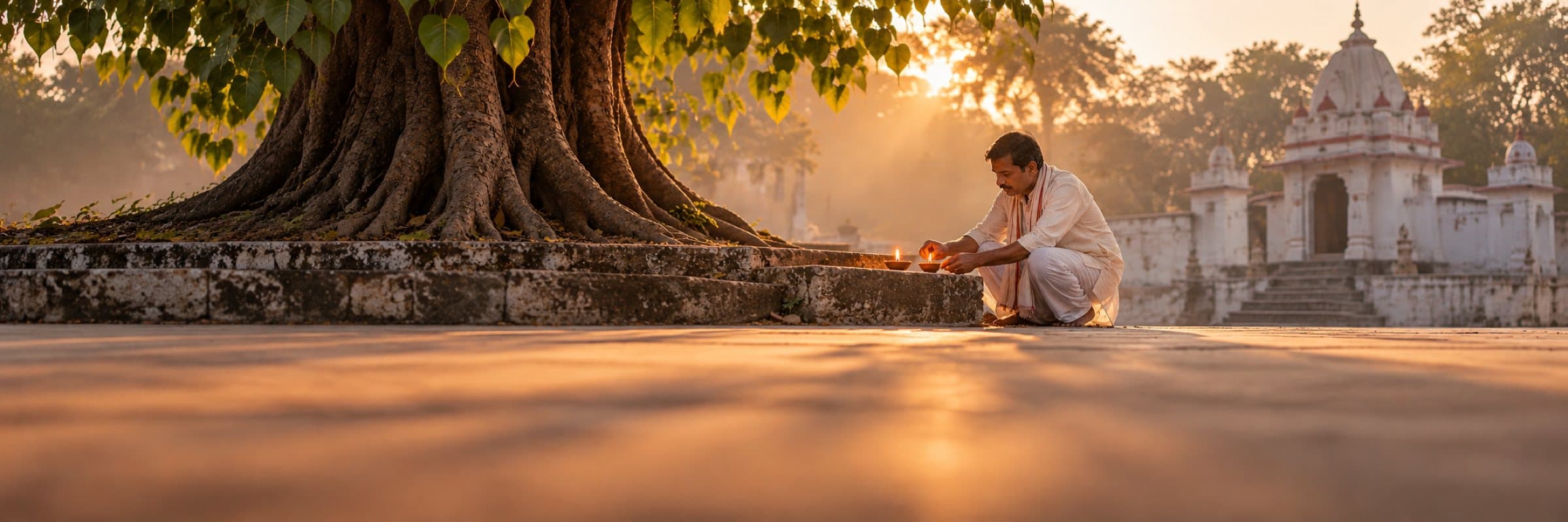 A man lights a mustard-oil lamp under a peepal tree at dawn on a Saturday