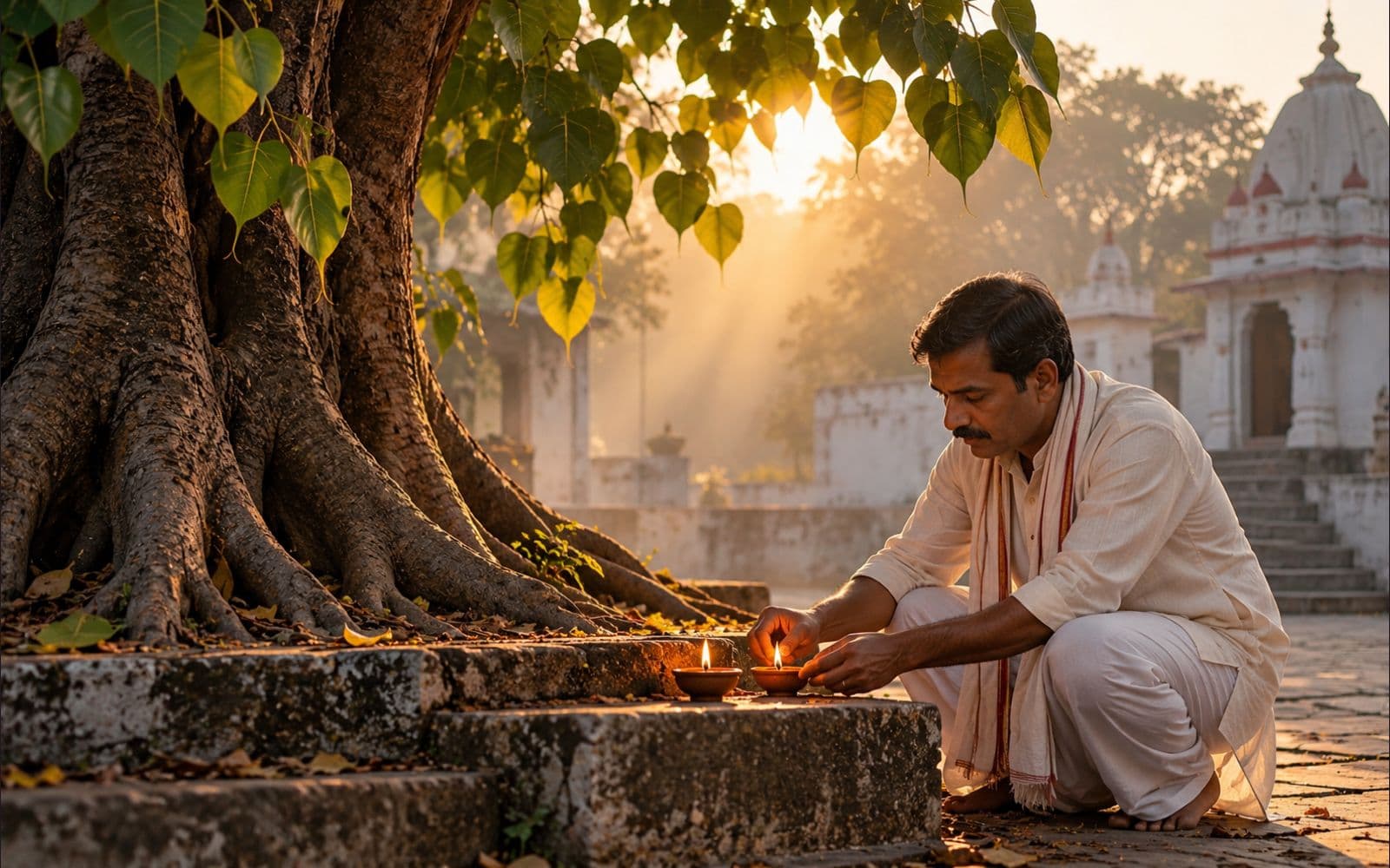 A man lights a mustard-oil lamp under a peepal tree at dawn on a Saturday