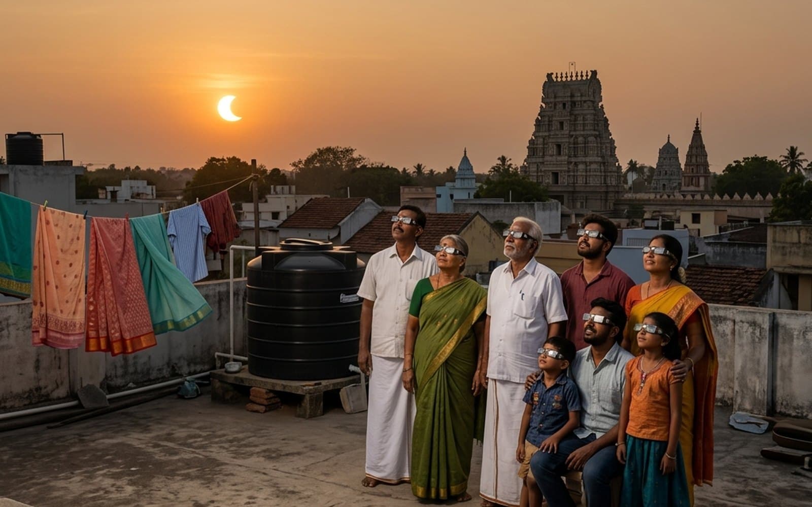 A family watching the 2 August 2027 partial solar eclipse from a rooftop with eclipse glasses