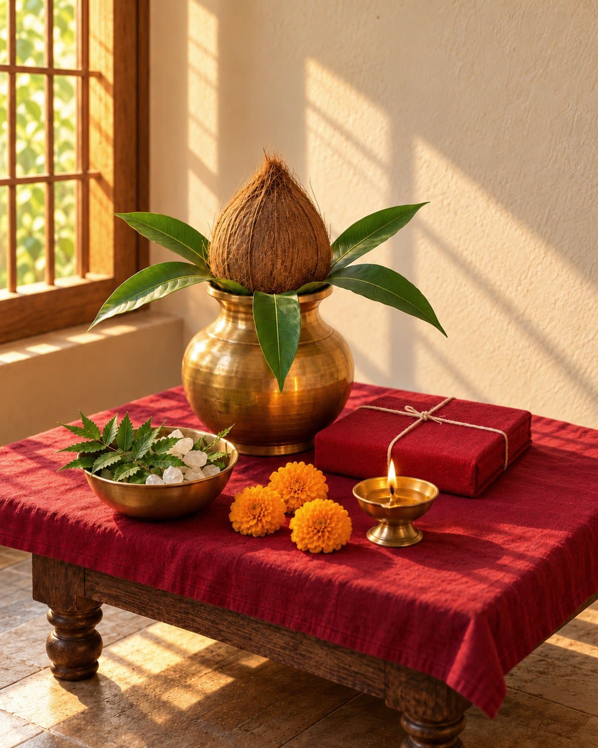 A kalash, neem and mishri, and a wrapped almanac at sunrise on the Hindu new year