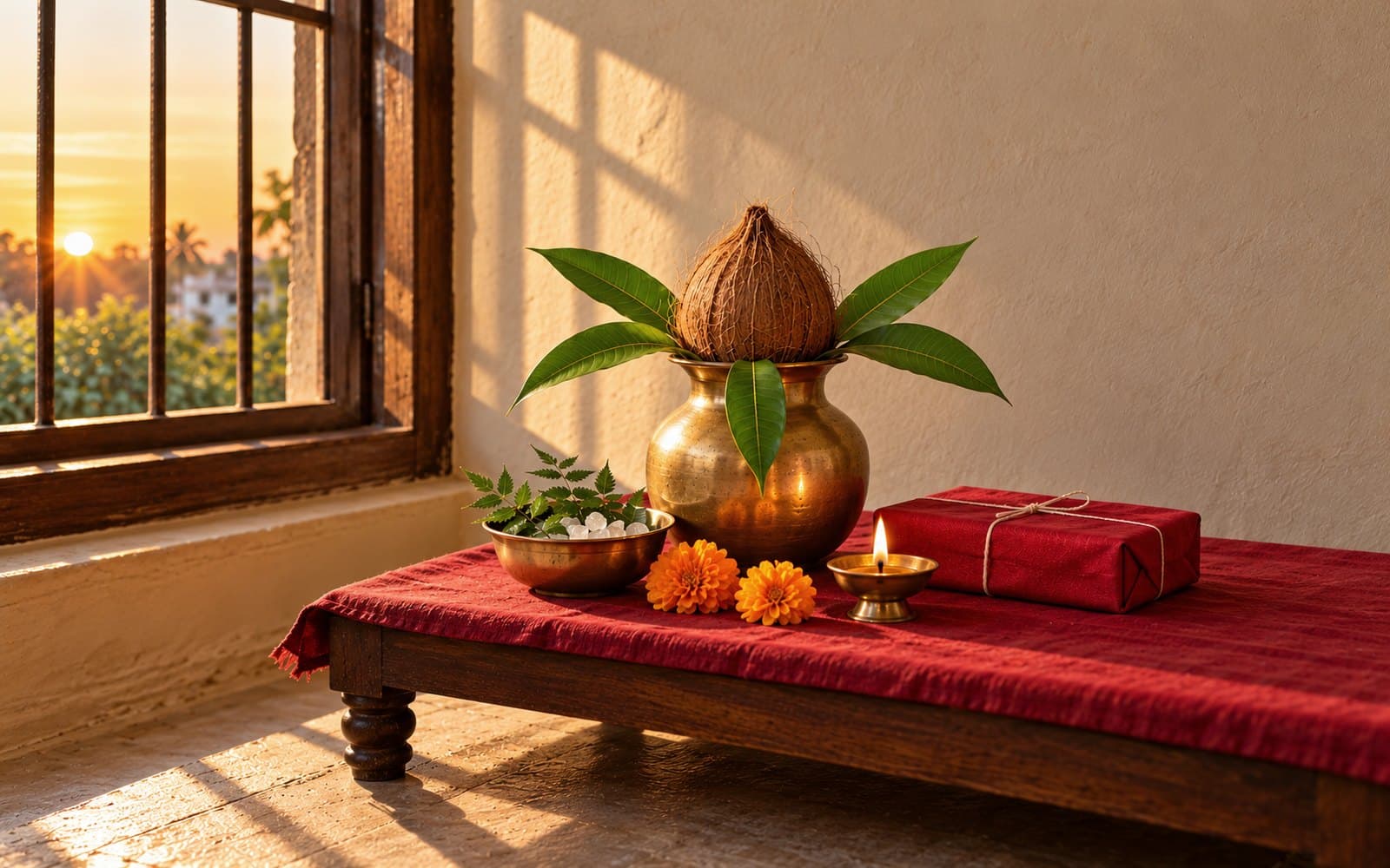 A kalash, neem and mishri, and a wrapped almanac at sunrise on the Hindu new year