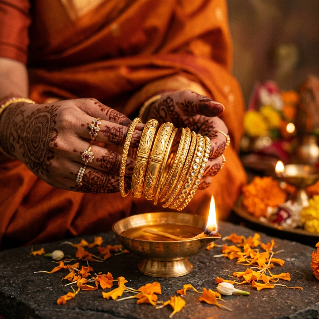 Akshaya Tritiya Muhurat 2026 — mehndi-adorned hands offering gold bangles over a lit brass diya, marigold petals on dark stone