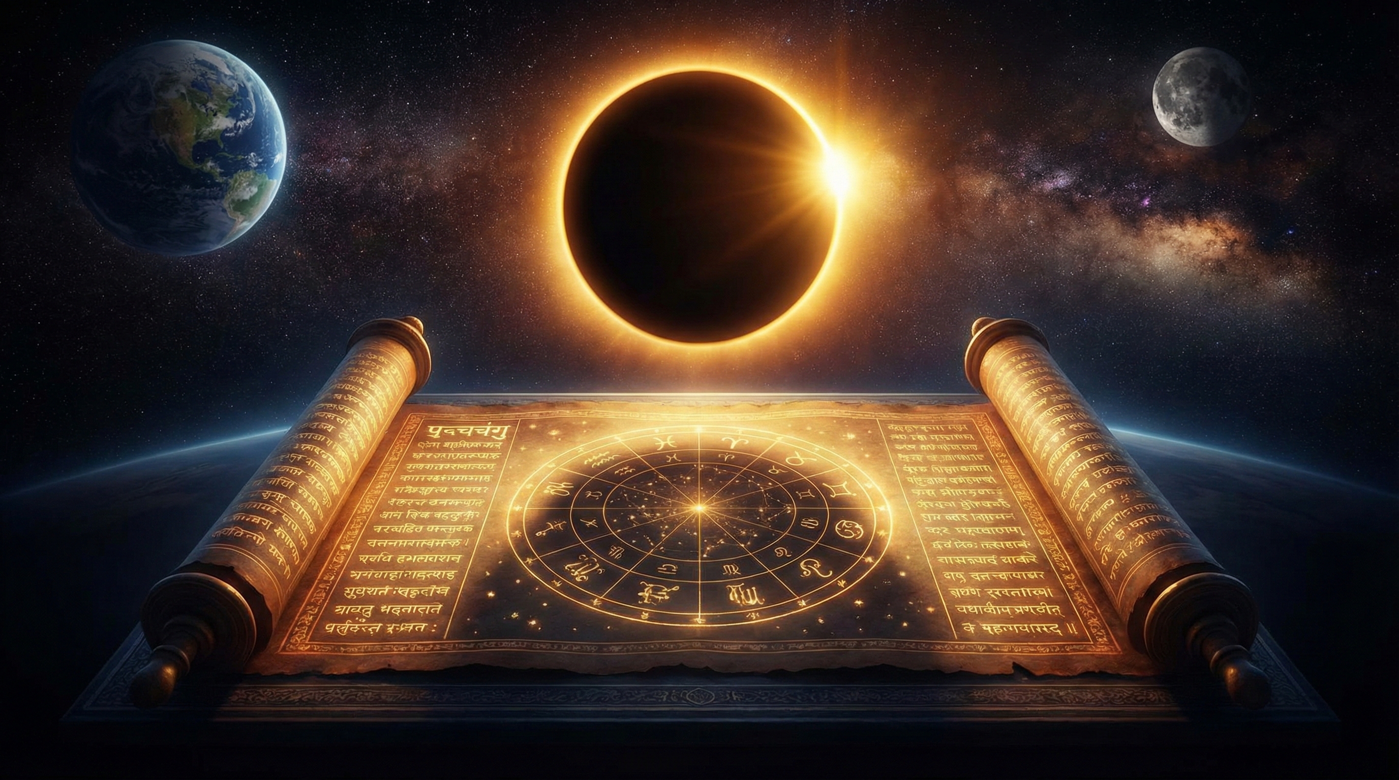Celestial illustration of a solar eclipse with Rahu's shadow crossing the Sun, set against a Vedic astronomical backdrop