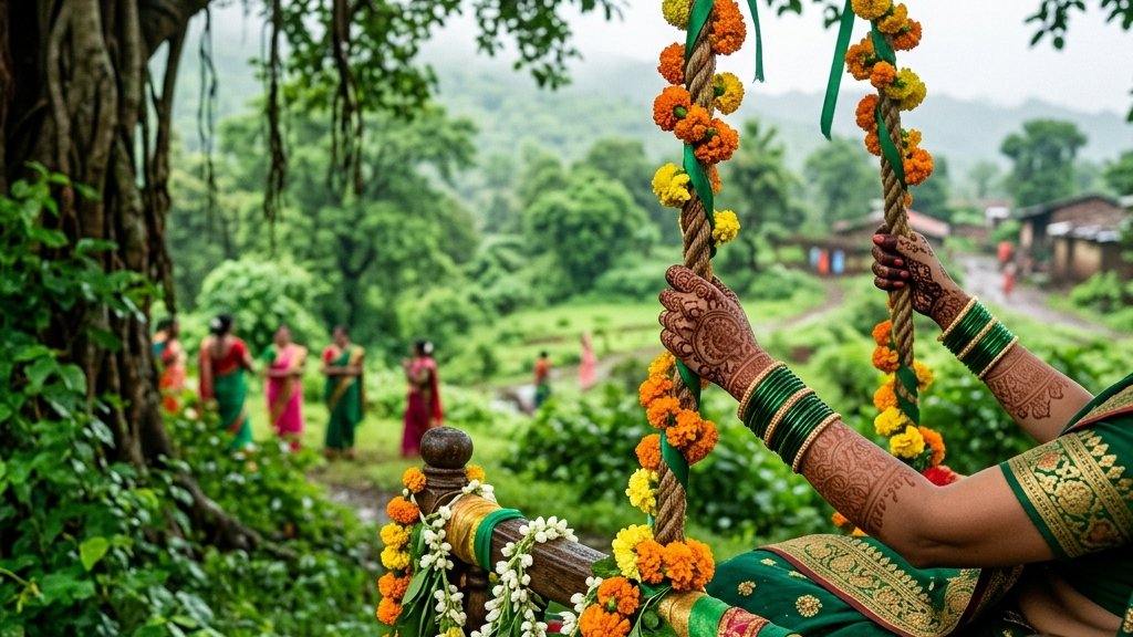 Women in green with mehndi and bangles beside a flower-decked swing on Hariyali Teej