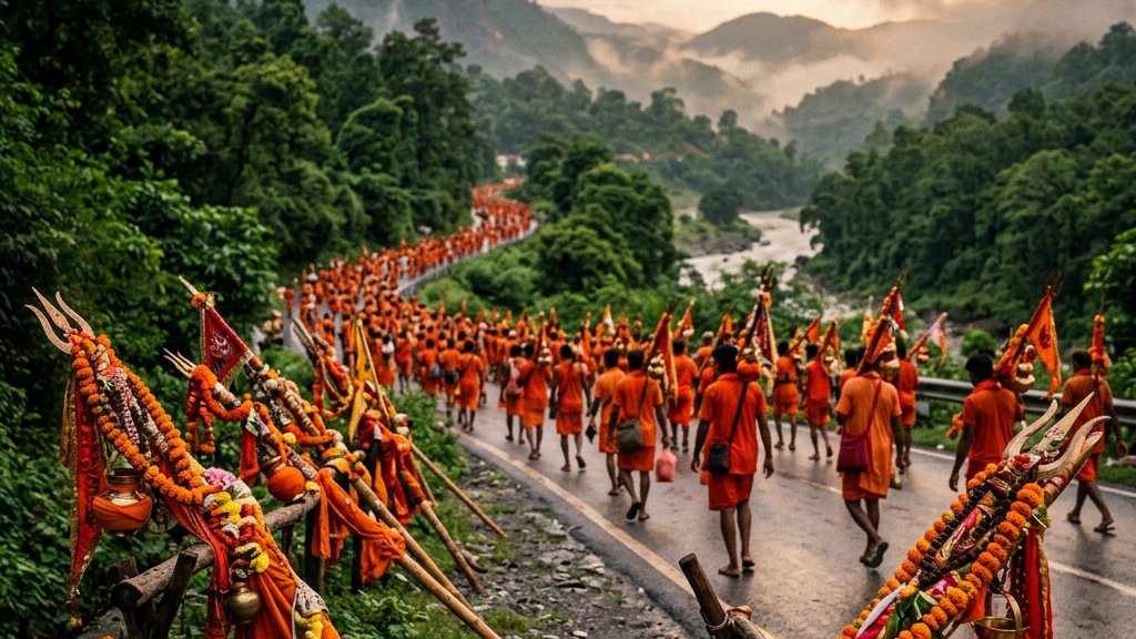 Saffron-clad kanwariyas carrying decorated kanwars with pots of Ganga water along the highway during Sawan