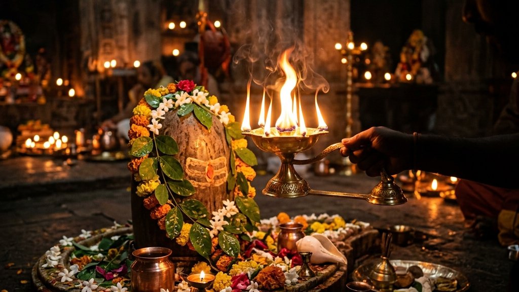 A lit brass aarti lamp being circled before a garlanded Shivling in the glow of evening