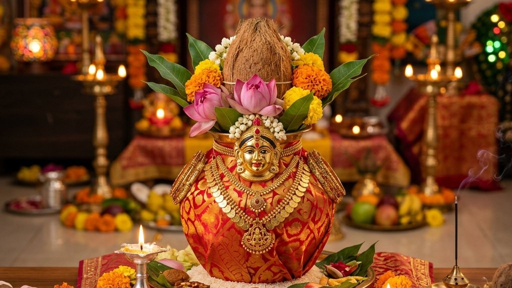 A decorated Varalakshmi kalash with a coconut, mango leaves, flowers and a lamp, set for the vratam puja