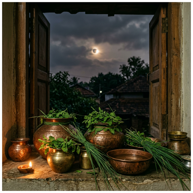 Traditional Indian kitchen vessels covered with Tulsi and Kusha grass before an eclipse, under a darkening sky